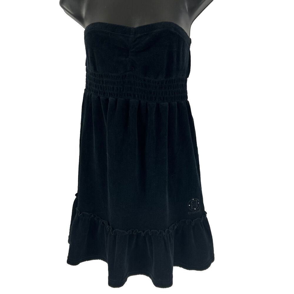 Bebe Black Strapless Terry Cloth Mini Dress CoverUp Smocked Waist Ruffle Mcbling